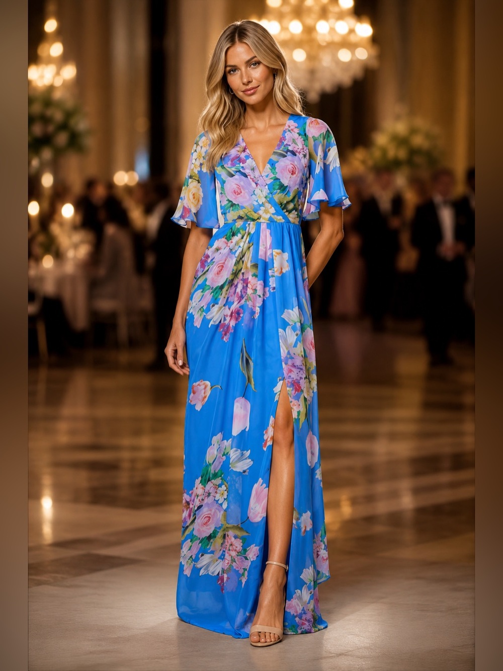Adrianna Papell Women’s 12 Ocean Dreams Blue Pink Floral Chiffon Maxi Dress